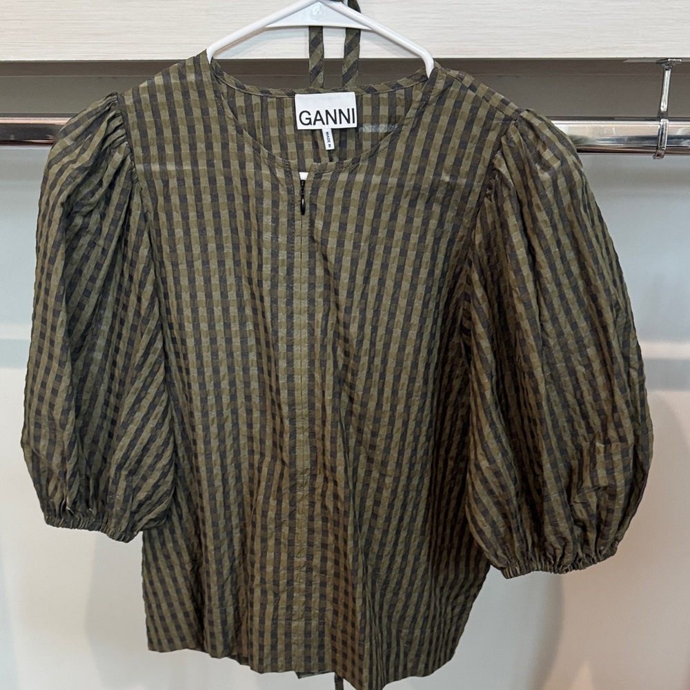 Ganni Olive & Black Checked Puff-Sleeve Blouse